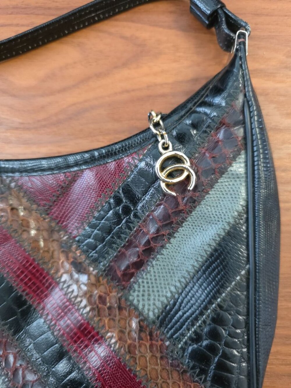 70s Oleg Cassini Patchwork Snakeskin Exotic Reptile Skin Leather Shoulder Bag - Picture 3 of 7